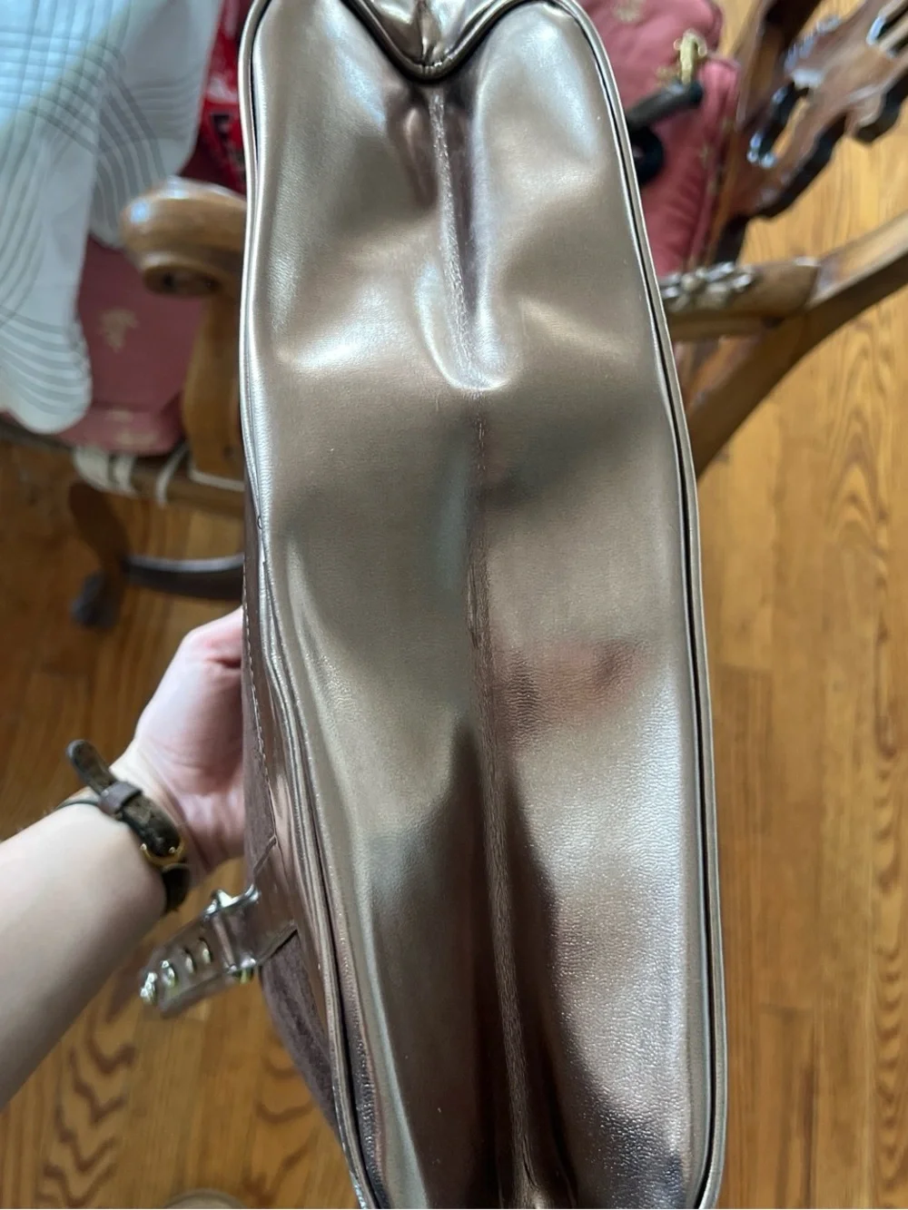 Metallic Rose Gold-Trim Brown Suede Tote Bag